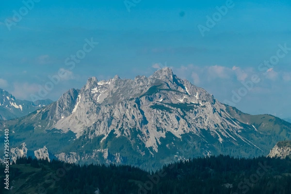 Obraz Panoramic view of alpine landscape seen from Allakogel, Hochschwab mountains, Styria, Austria. Wanderlust in wilderness of Austrian Alps, Europe. Looking at summit Griesmauerkogel and TAC-Spitze