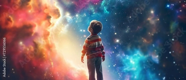 Fototapeta A Little Boy Against The Backdrop Of Bright Outer Space. Generative AI