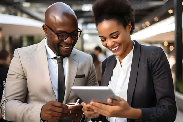 Fototapeta successful business couple of business partners with a tablet when concluding a business agreement. business corporation leaders.