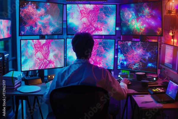 Fototapeta Beautiful Male Computer Engineer and Scientists Create Neural Network at His Workstation Office is Full of Displays Showing 3D Representations of Neural Networks