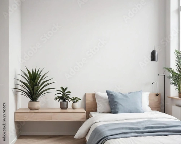 Fototapeta Minimalist Study - Professional Close-Up of an Architectural Interior Setting with Scandinavian-Inspired Minimalist Bedroom Details and Indoor Plants Gen AI