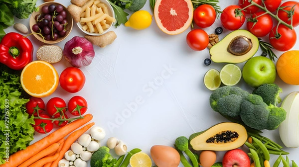 Fototapeta Healthy food background with fruits and vegetables. Top view with copy space