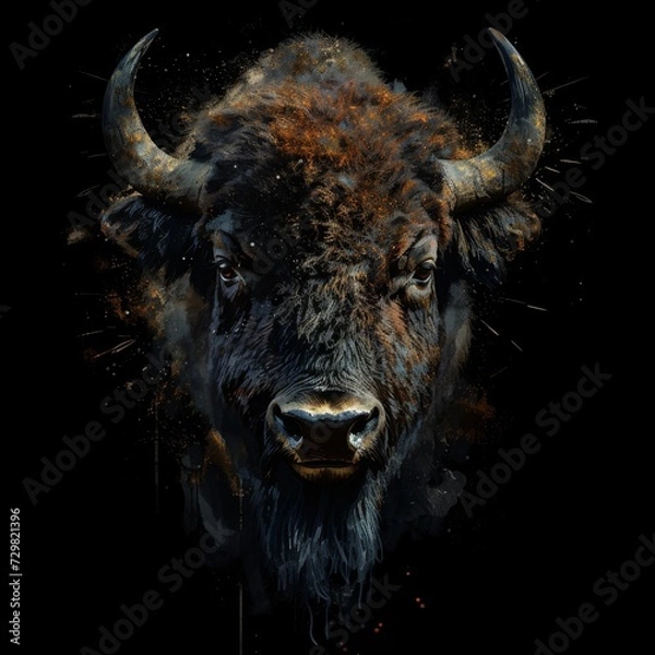 Fototapeta Flat logo bison digital painting style on a black background. Digital painting style.