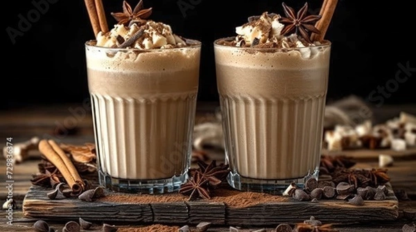 Obraz  two glasses of hot chocolate with whipped cream and star anise on a wooden table with cinnamons and star anise on the side of the two of the glasses.