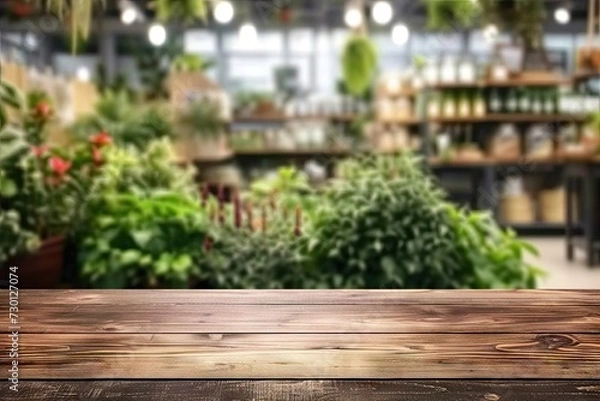 Fototapeta Spacious wooden table set for product display in blurred cafe or restaurant setting with counter adorned by potted plants in background scene blends modern design with touch of nature and vintage