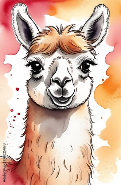 Fototapeta Watercolor baby lama alpaca. tropical animal vertical illustration in orange pastel background