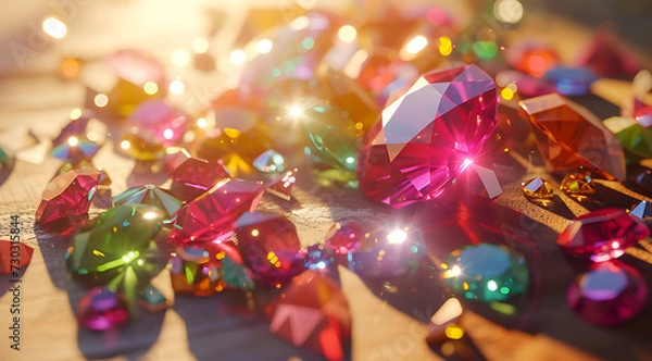 Fototapeta colorful gems scattered on a table near sunlight in t