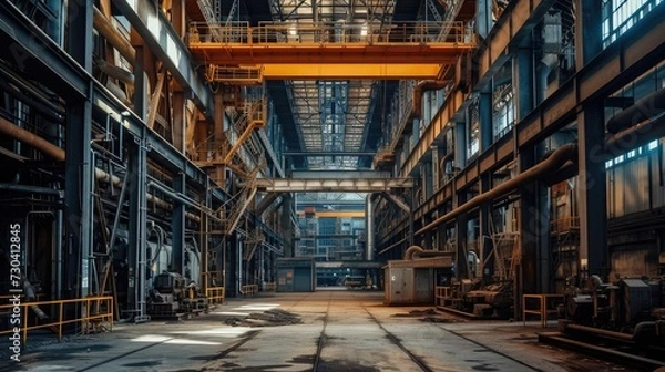 Fototapeta The interior of a big industrial building or factory with steel constructions