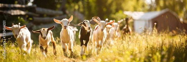 Fototapeta A herd of goats on a pasture bathed in golden sunshine.