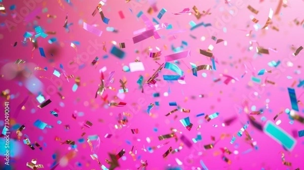 Fototapeta Vibrant holographic confetti falling on a bold pink background, generative ai