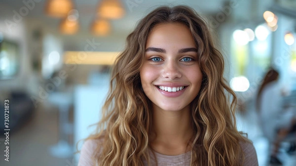 Fototapeta A smiling young woman in a dental chair