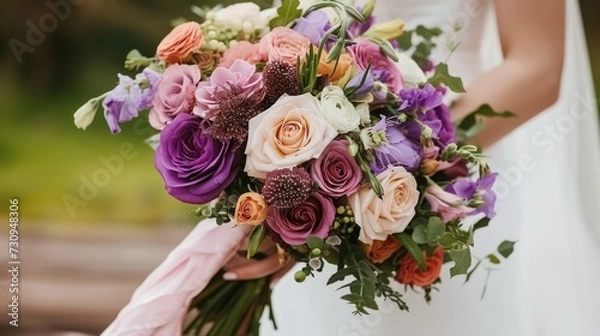 Fototapeta A bride holding a bouquet of flowers in her hand