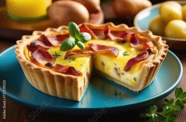 Fototapeta St. Patrick's Day, traditional Irish pastries, national Irish cuisine, quiche with potatoes and bacon, homemade pie decorated with cheese and herbs, bacon slices