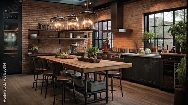 Fototapeta Warm Industrial Kitchen: Exposed Brick & Soft Textures for Cozy Urban Feel