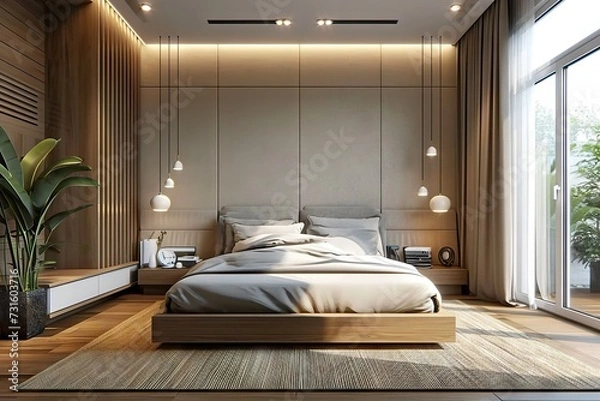 Fototapeta Nature’s Touch in Modern Living: An Elegant Bedroom Interior Bathed in Natural Light, Adorned with Stylish Furniture and Cozy Bedding, Exuding a Warm and Inviting Atmosphere