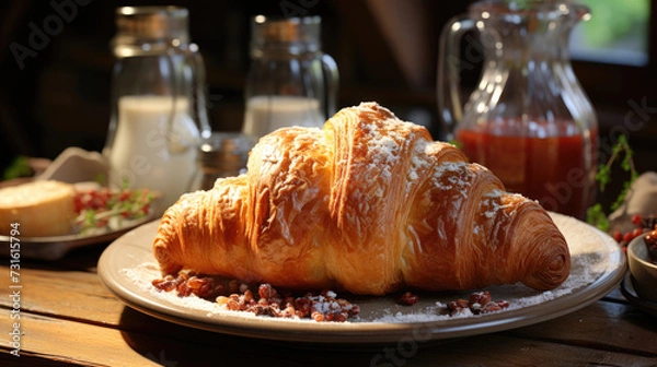 Fototapeta Delicious fresh croissant bakery on a white plate on a wooden table with beautiful bokeh background