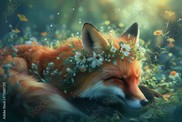 Obraz fantasy art, beautiful fox decorated with flowers