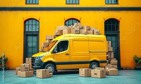 Fototapeta Bright yellow delivery van overloaded with cardboard boxes, symbolizing online shopping, package transport, and courier services