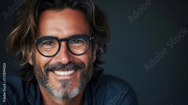 Fototapeta Smiling man with gray beard and glasses wearing blue shirt against dark background.