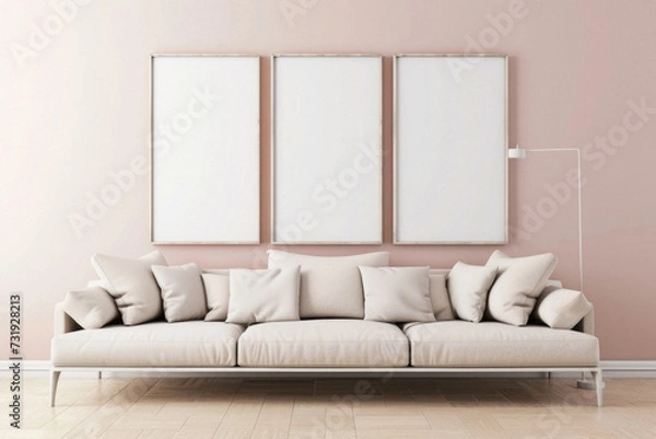 Fototapeta Frames mock up on color wall hanging above cozy home sofa. Modern living room comfortable stylish trendy couch posters decor background. Empty blank pictures canvas interior design decoration mockup .