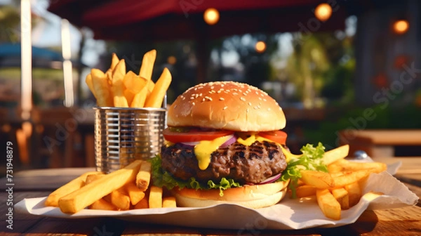 Fototapeta 
Grilled cheeseburger and fries on the wooded restaurant table. blurred restaurant background. close up.