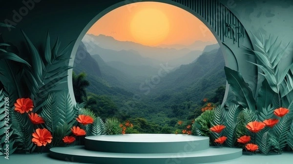 Fototapeta Stylized Tropical Stage with Sunset Backdrop