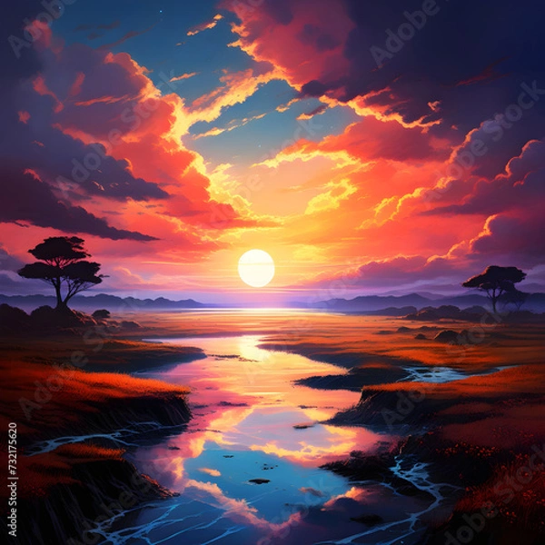 Fototapeta Beautiful anime-style landscape painting of the sun setting in over a vast savanna oasis with sparse trees