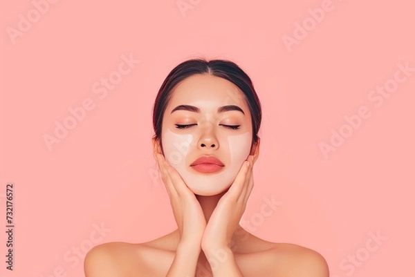 Fototapeta Skincare Model traditional clothing. Well groomed woman uses lifted radiance, edelweiss lip balm, lotion & eye patch. Face cream calciphylaxis jar hydrogel face mask pot