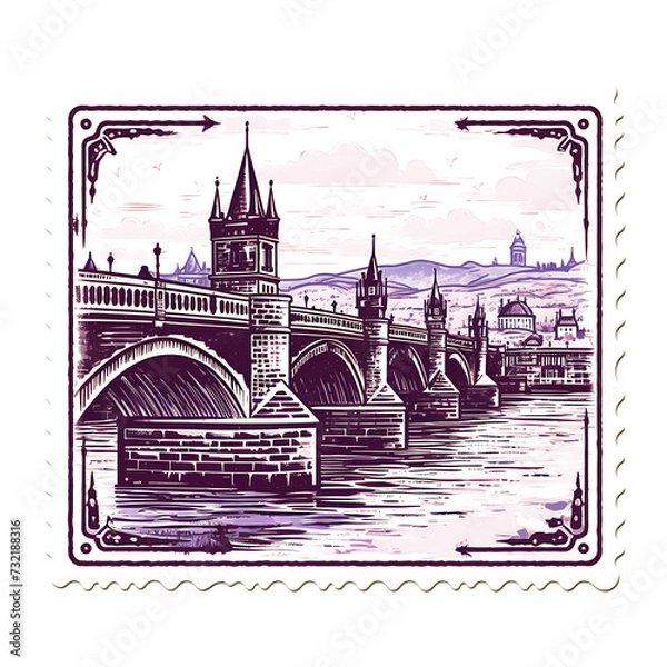 Fototapeta Stamp of Prague City With Monochrome Purple Color Prague Castle and C Transparent PNG City Concept Art Tshirt Design Illustration Label Diverse City Castle Large Urban Market Project Collage 