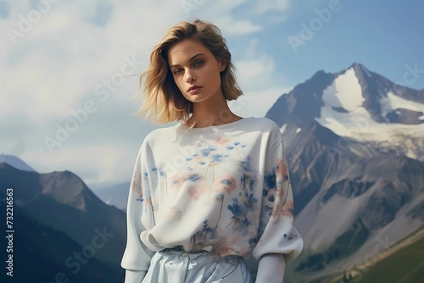 Fototapeta Effortless style embodied by a model in casual clothing, set against the backdrop of a picturesque mountain landscape.