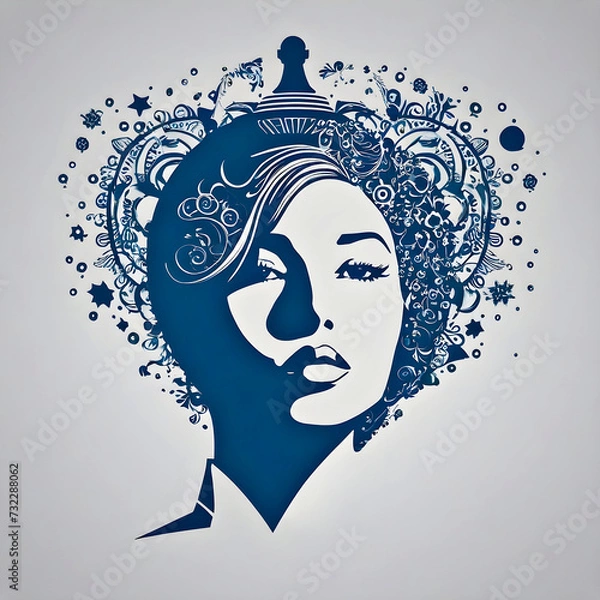 Fototapeta illustrated portrait of a woman with fantastical hair/hairstyle - stylized stencil flat art, blue ink on pale gray background