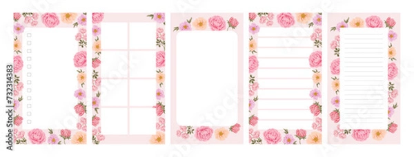 Fototapeta Collection of floral planner template for daily notepad, weekly schedule, agenda, memo, to do list, organizer, checklist, decorated with colorful flower and nature elements