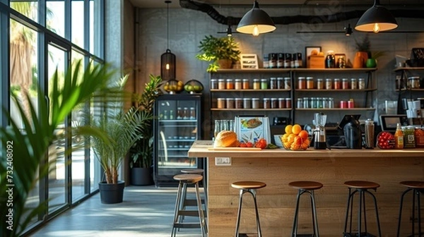 Fototapeta A well-appointed office kitchenette showcasing a selection of fresh fruits, a premium coffee setup, and industrial-style pendant lighting.