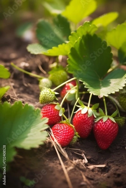 Fototapeta Red strawberries hanging from plant in plantation