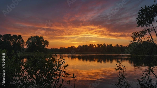 Fototapeta Beauty of a sunset over a still lake with the silhouette of trees framing the horizon and their branches reaching towards the vibrant hues of the fading sun