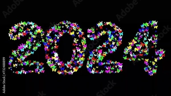 Fototapeta Beautiful illustration of 2024 with colorful butterflies on plain black background