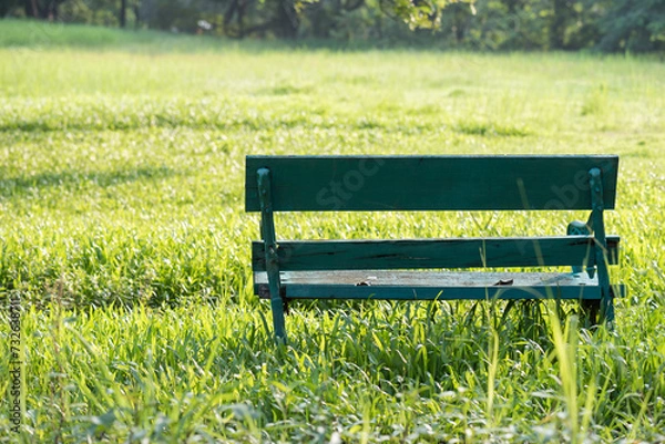 Fototapeta Green Wooden Bench on yard at Rod Fai Park at sunrise, Bangkok