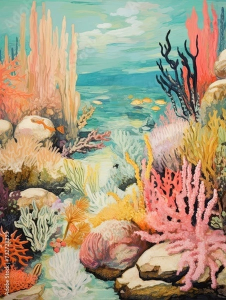 Fototapeta Coral Reef Vintage Seascape: Vibrant Explorations of Ocean Wall Art in a captivating Beach Scene