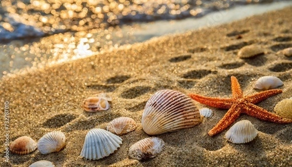 Fototapeta texture of beach sand with seashells imprint starfish imprint on sand seashells on sand beach