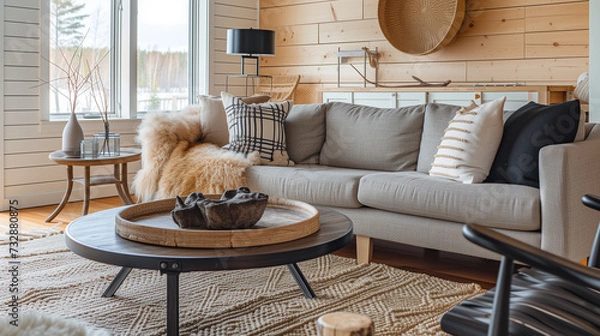 Fototapeta Rustic chic living room with comfortable sofa, faux fur details, and wooden interior