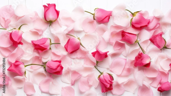 Fototapeta red rose flowers confetti on fence white background. Valentines day background.