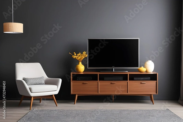 Fototapeta Modern TV on cabinet, armchair and lamps indoors. Interior design