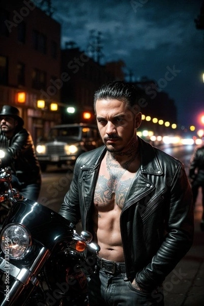 Obraz A rugged biker motorcycle gang member with tattoos and leather jacket looking dangerous