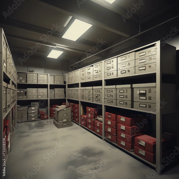 Fototapeta Explore a secure evidence room filled with federal investigation files and confidential documents. AI generative.