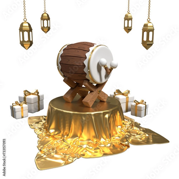 Fototapeta Islamic ramadan with podium, traditional drum, arabic lanterns, and gift boxes. Islamic drum on the podium. 3D rendering