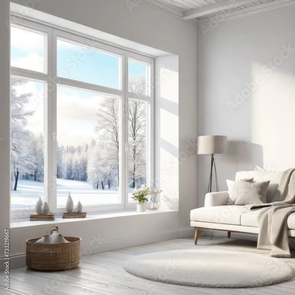 Fototapeta Mock up of empty room in white color with winter landscape in window. Scandinavian interior design. 3D illustration