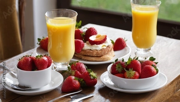 Fototapeta A table with plates of strawberries and glasses of orange juice