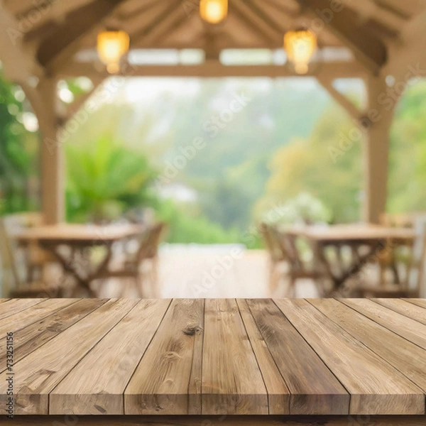 Fototapeta Empty rustic wood table with blurred soft light table in restaurant with bokeh background. Business presentation., product display template Mock-up.