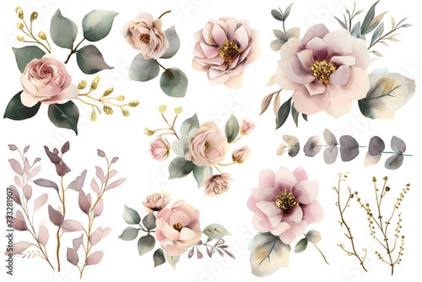 Fototapeta Design elements dusty pink and gold flowers, leaves, eucalyptus, branches Watercolor set