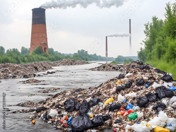 Fototapeta Landscape with dirty polluted water with garbages, heap of litter abandoned on nature and factory chimneys in the distance. Environmental pollution.